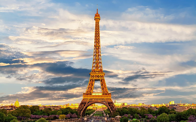 Eiffel Tower, Champs Elysees, evening, sunset, Paris, France, interesting place, landmarks, The Avenue des Champs-Elysees, HD wallpaper