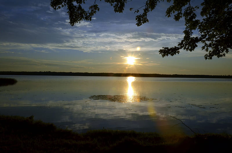 sunset over a lake., colorful, lakes, bonito, michigan, sunset, reflection, sky, HD wallpaper