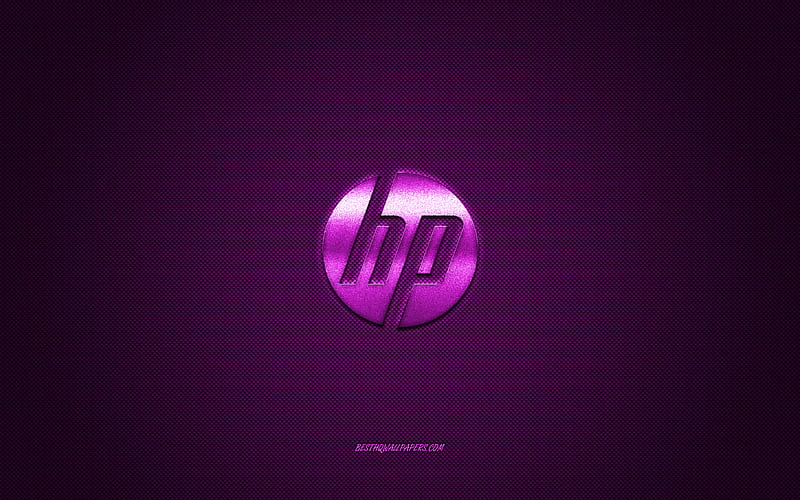 HP logo, purple shiny logo, HP metal emblem, Hewlett-Packard, for HP devices, purple carbon fiber texture, HP, brands, creative art, HD wallpaper