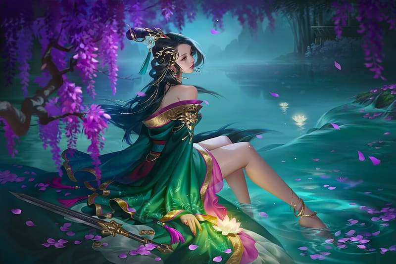 Fantasy Girl Flowers Water Girl Art Evening Hd Wallpaper Peakpx 