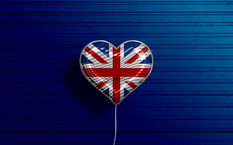 I Love United Kingdom realistic balloons, blue wooden background, British flag, I love Great Britain, Europe, favorite countries, flag of United Kingdom, balloon with flag, United Kingdom, Love United Kingdom, HD wallpaper