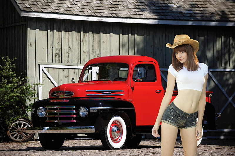 Cowgirl Lena Anderson and a Vintage Merc, brunette, cowgirl, model, shorts, truck, HD wallpaper