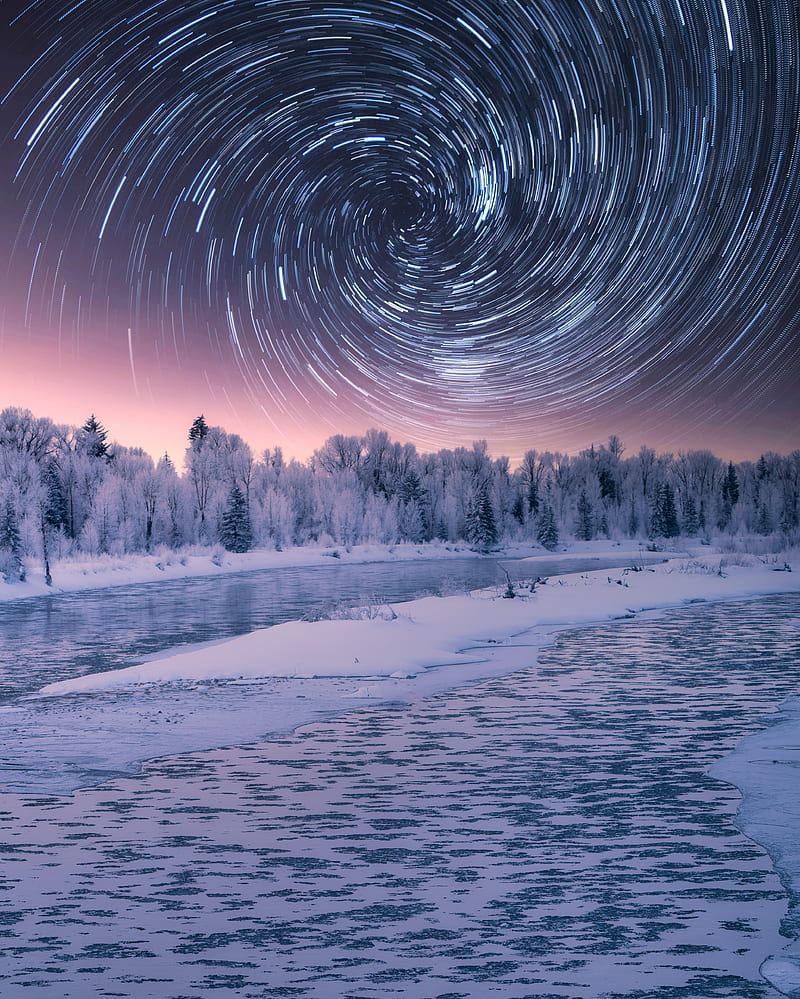 stars, rotation, long exposure, night, winter, landscape, HD phone wallpaper