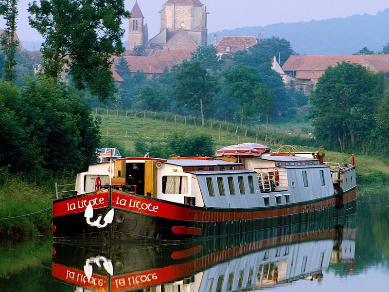 barge on a french canal, countryside, barge, canal, town, HD wallpaper