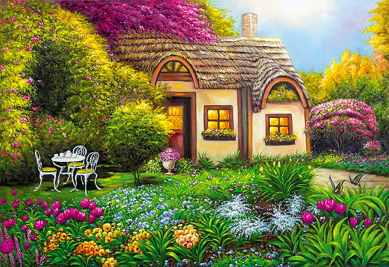 Garden cottage, art, house, grass, cottage, relax, home, bonito, spring, que, countryside, flowers, peaceful, garden, HD wallpaper