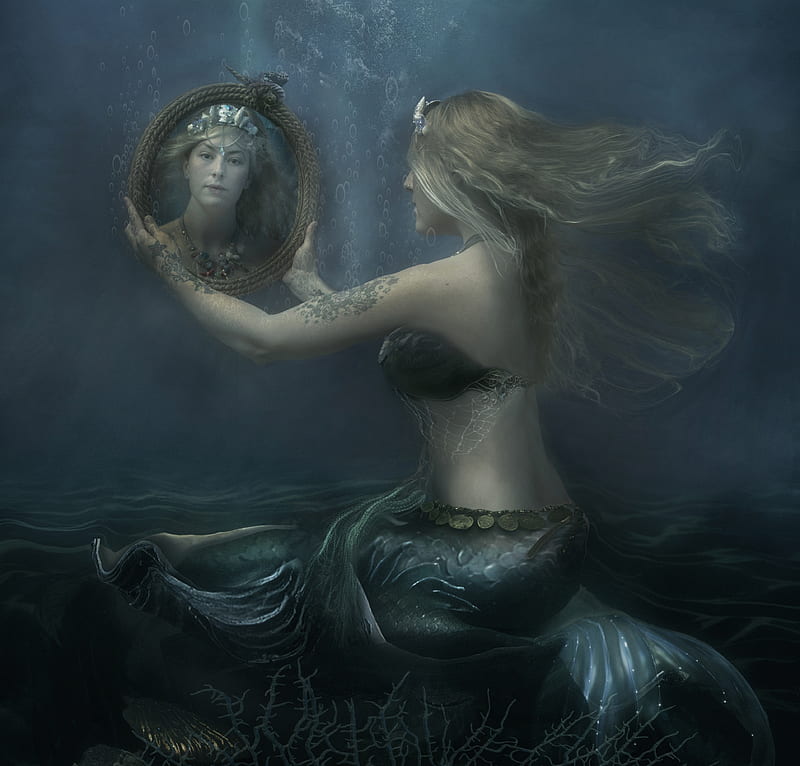 Mermaid, girl, mirror, siren, creative, louise sumner, fantasy, water, vara, summer, blue, HD wallpaper