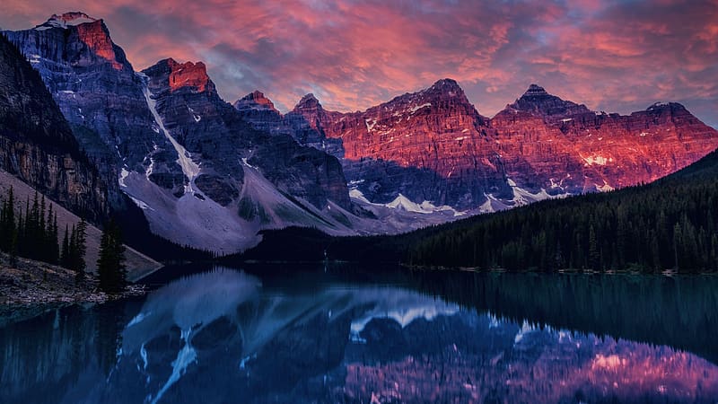 Morning blush at Moraine Lake, Alberta, clouds, sky, canada, mountains, sunset, HD wallpaper