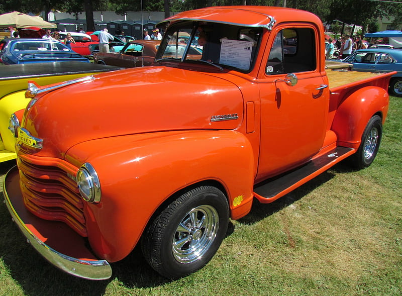 1951 Chevrolet 3100 truck, orange, chevy, 3100, gm, car show, stepside, antique, chevrolet, 51, 1951, truck, classic, vintage, HD wallpaper