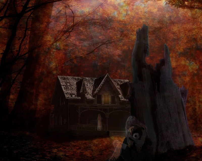 Haunting Of A Old House, Ghost, Stump, Daughter, Leaves, Mother, Autumn, Teddy Bear, HD wallpaper