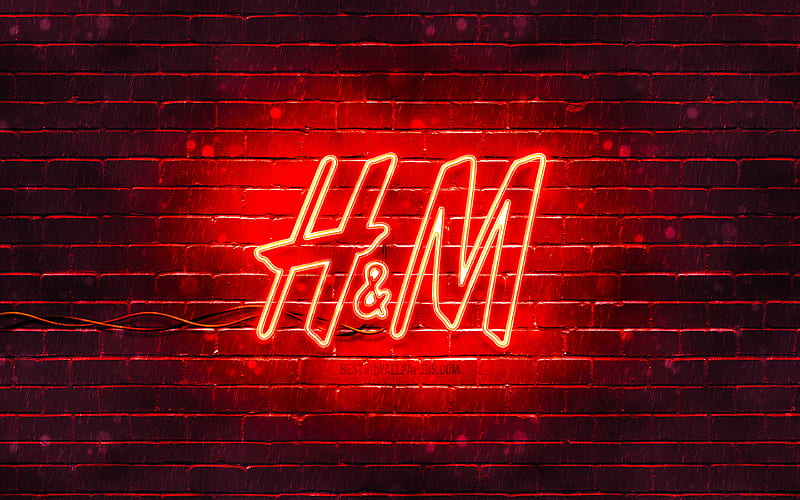H and M red logo red brickwall, H and M logo, fashion brands, H and M neon logo, H and M, HD wallpaper