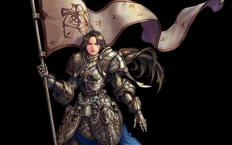 Fantasy, Knight, Armor, Banner, Brown Hair, Joan of Arc, Long Hair, HD wallpaper