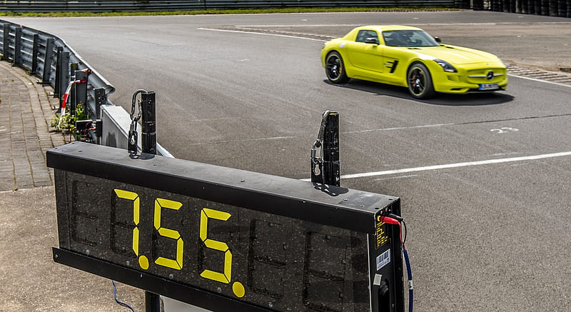 2014 Mercedes-Benz SLS AMG Coupe Electric Drive, Yellow at Nürburgring Record-setting Lap Time , car, HD wallpaper