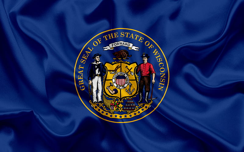 Wisconsin State Flag, flags of States, flag State of Wisconsin, USA, state Wisconsin, blue silk flag, Wisconsin coat of arms, HD wallpaper