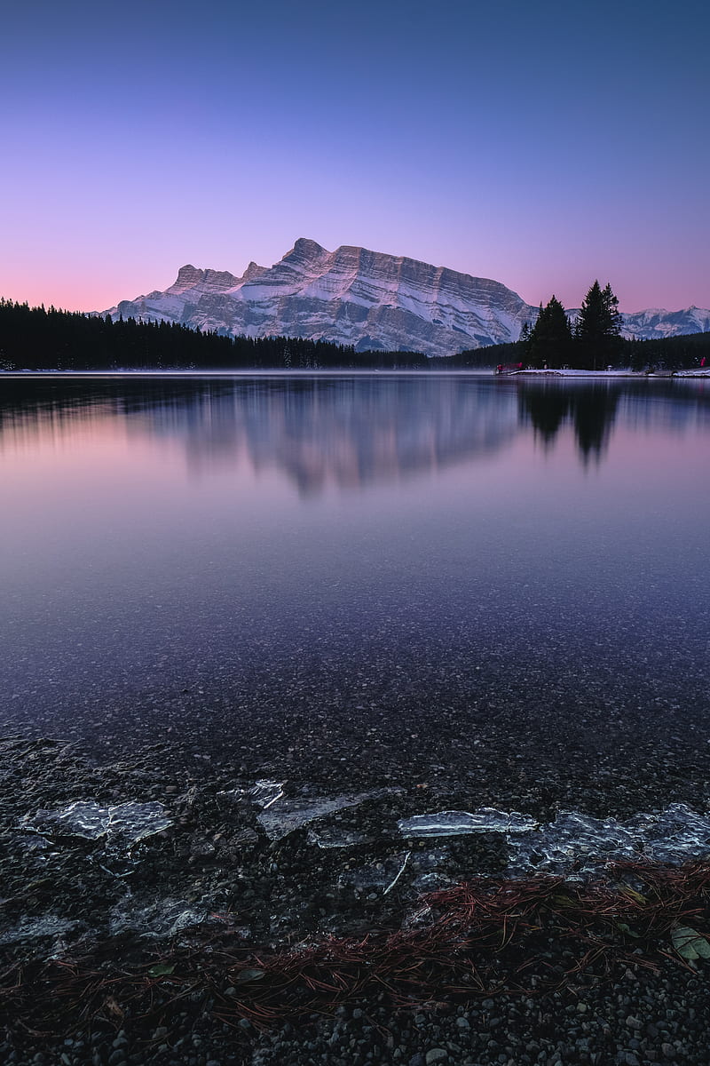 mountains, lake, sunset, shore, HD phone wallpaper