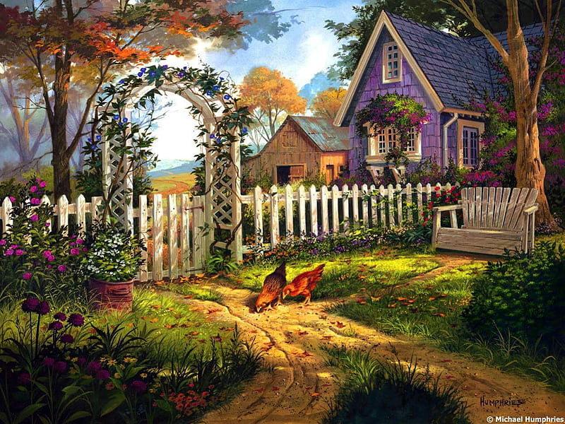 Country Cottage, fence, rosebow, hens, painting, garden, HD wallpaper