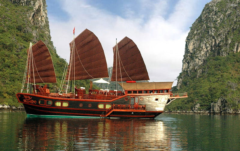 red dragon cruise ha long bay, red, cruise, boat, dragon, bay, HD wallpaper