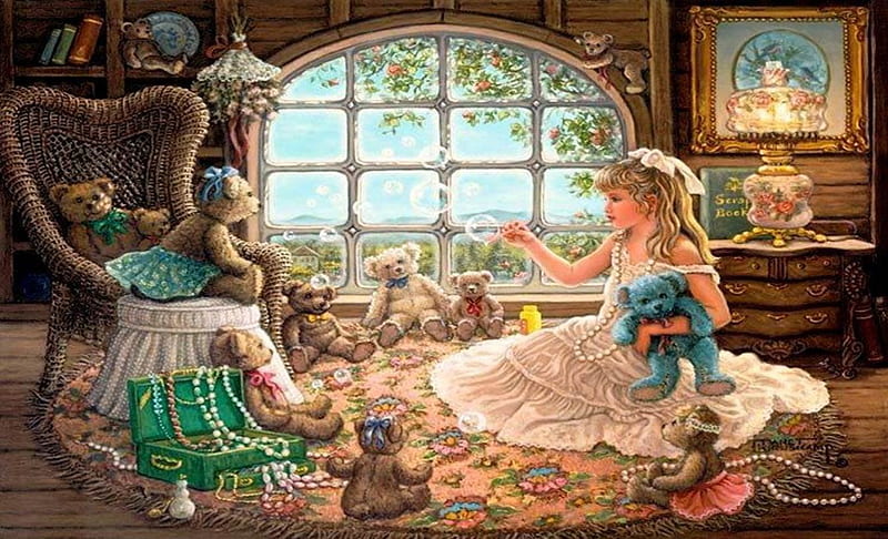 Little Girl's Dream, Little Girl, Teddy Bears, Tea party, Abstract, Fantasy, HD wallpaper