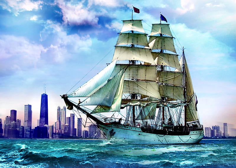 Sailing Toward Chicago, Lake Michigan, art, bonito, waves, artwork, sailing ship, painting, wide screen, scenery, HD wallpaper