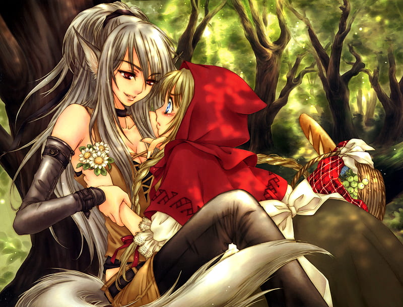 Little Red Cap and the bad Wolf, grimms fairy, bad wolf, anime, little red cap, HD wallpaper
