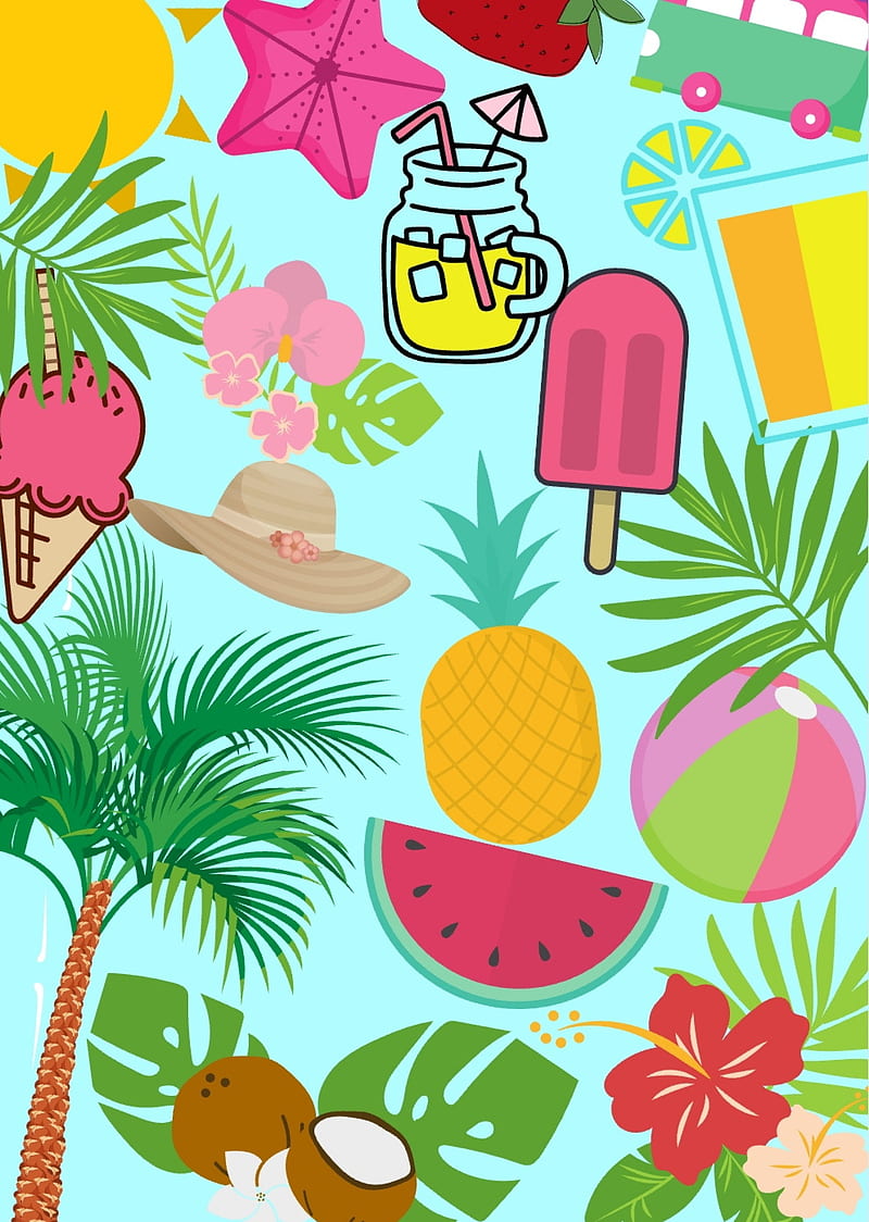 Super summer, beach ball, coconut, flowers, palm tree, pineapple, summer fun, summer holidays, summer sand, summer tree, HD phone wallpaper
