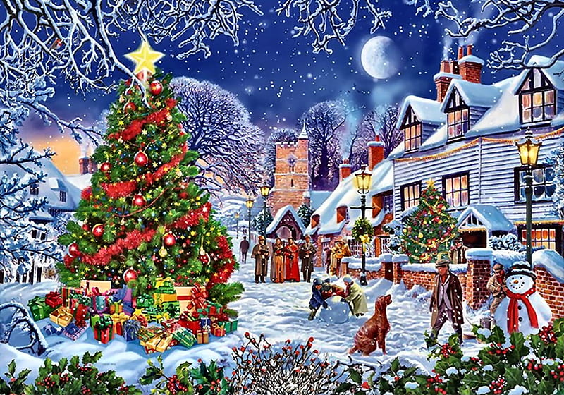 The Village Tree F1C, Christmas, art, holiday, December, bonito, illustration, artwork, winter, snow, painting, wide screen, occasion, scenery, HD wallpaper