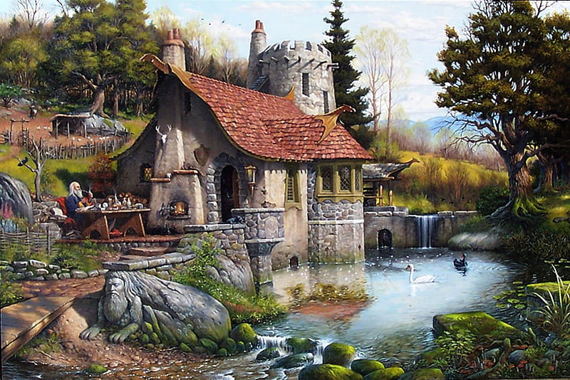 Mystic House, pond, stones, trees, artwork, figures, HD wallpaper
