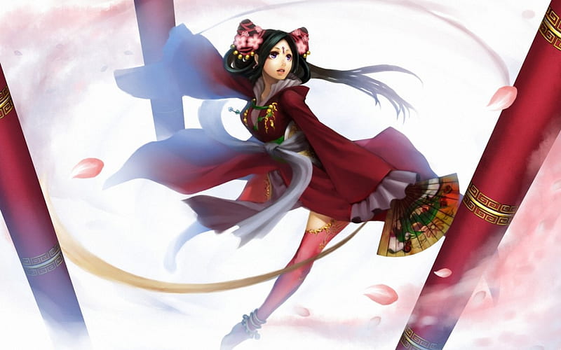 Anime girl, red, dress, fighter, fantasy, girl, anime, fan, white, pink, HD wallpaper
