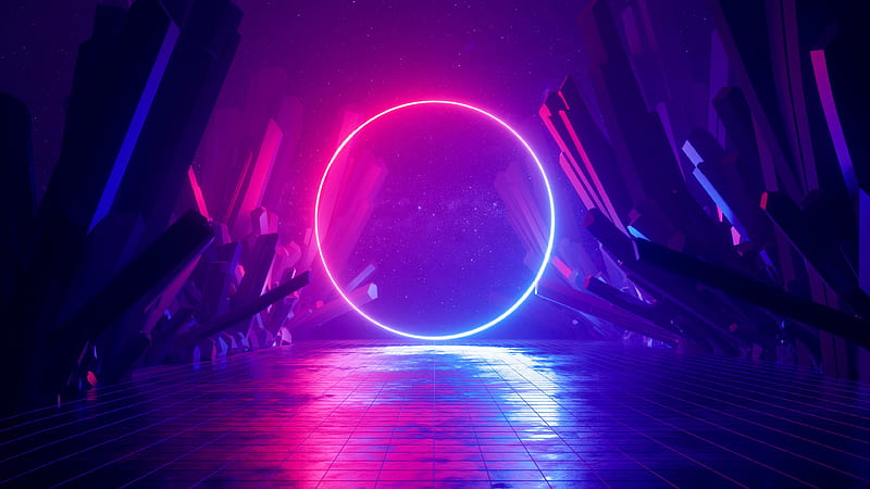 synthwave, gate, crystals, neon lights, stars, Sci-fi, HD wallpaper