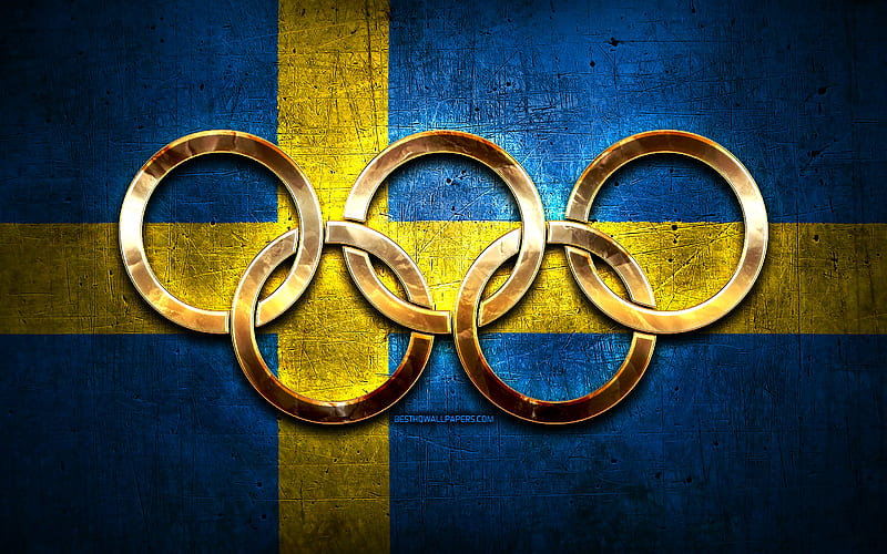 Swedish olympic team, golden olympic rings, Sweden at the Olympics, creative, Swedish flag, metal background, Sweden Olympic Team, flag of Sweden, HD wallpaper