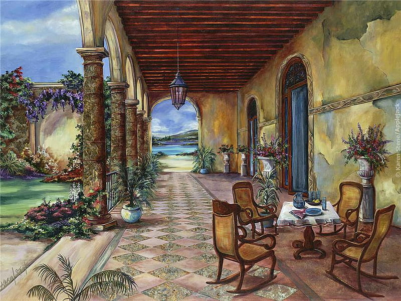Hacienda, table, columns, table setting, lake, windows, water, arches, plants, table cloth, painting, flowers, vines, rocking chairs, trellis, HD wallpaper