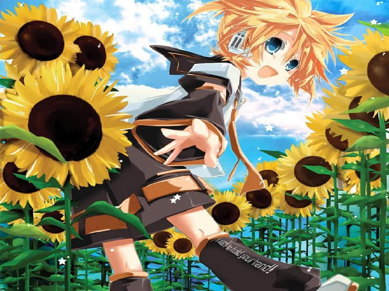 I want to hold your hand!, vocaloid, stars, len, video games, yellow, sky, project diva, len kagamine, sunflowers, kagamine len, other, HD wallpaper