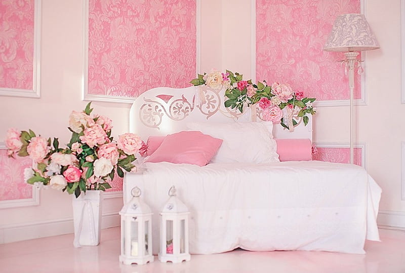 room, pink, abstract, bed, HD wallpaper