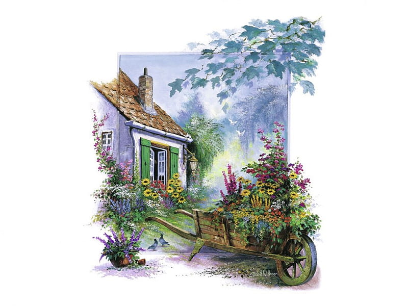 Wheelbarrow of Flowers 1, art, painting, flowers, garden, wheelbarrow, artwork, floral, HD wallpaper