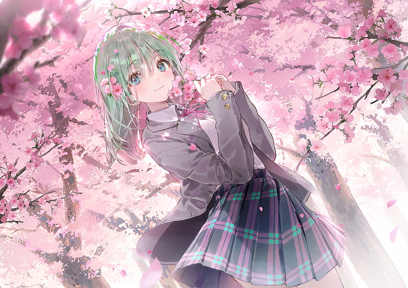 girl, schoolgirl, sakura, flowers, anime, art, HD wallpaper