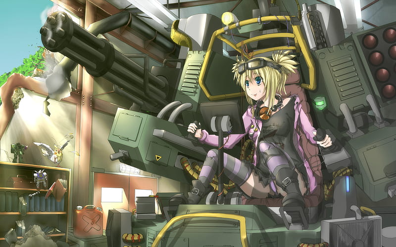 Mechanic girl, cute, railgun, cool, green, mecha, steel, robots, weapon, gas, HD wallpaper