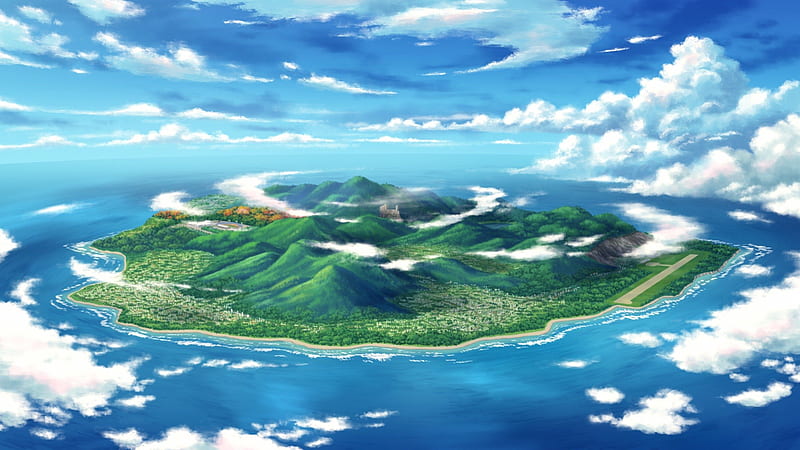 Island Scape, pretty, scenic, beautiful, sea, sweet, mountain, nice, green, anime, beauty, scenery, hill, forest, cloud, lovely, view, ocean, sky, island, scene, landscape, HD wallpaper
