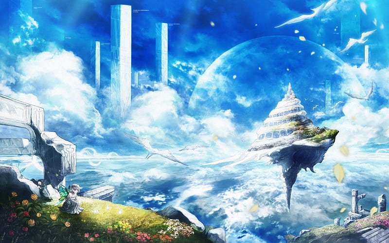 ~The Kingdom In The Sky~, fantasy, girl, anime, buildings, clouds, sky, HD wallpaper