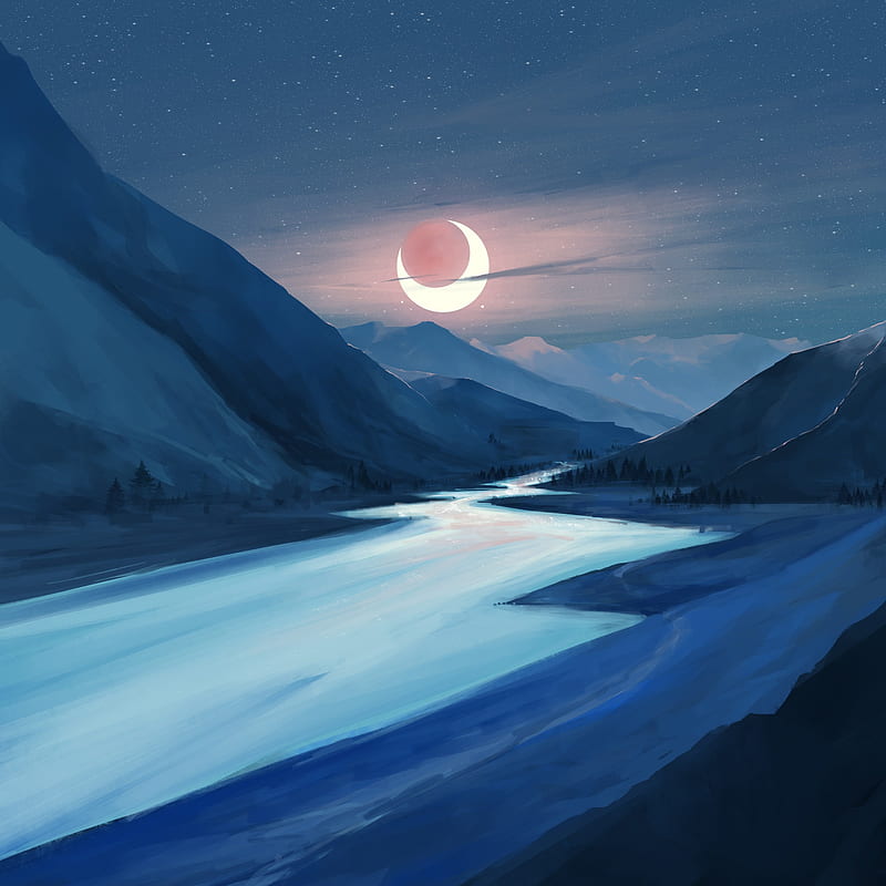 Lake Moon Night Illustration, lake, moon, night, illustration, artist, artwork, digital-art, HD phone wallpaper