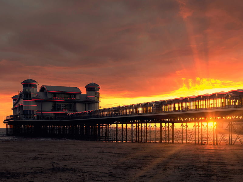 Grand Pier,England, shore, glow, pier, pierce, nature, sunset, clouds, sky, HD wallpaper