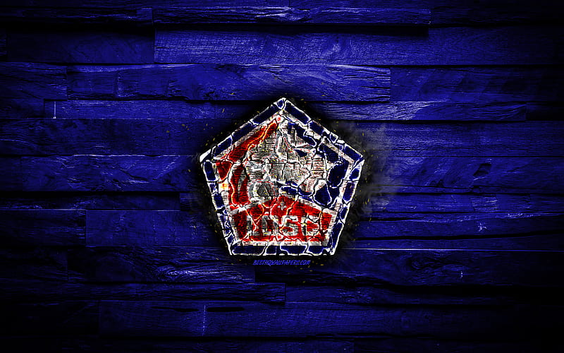 Lille FC, fiery logo, Ligue 1, blue wooden background, french football club, grunge, Lille OSC, football, soccer, Lille logo, fire texture, France, HD wallpaper