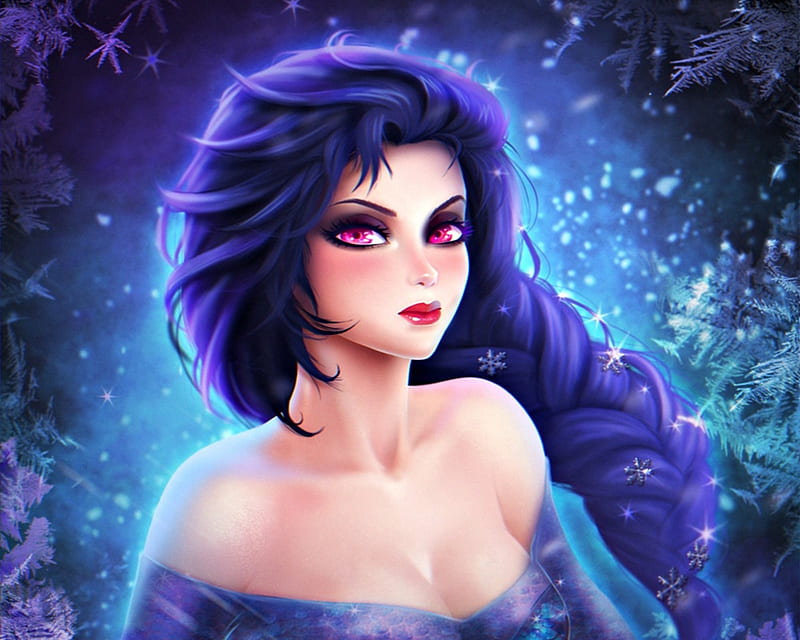 Dark Elsa, fanart, art, winter, fantasy, girl, purple, snow queen, prywinko, disney, blue, HD wallpaper