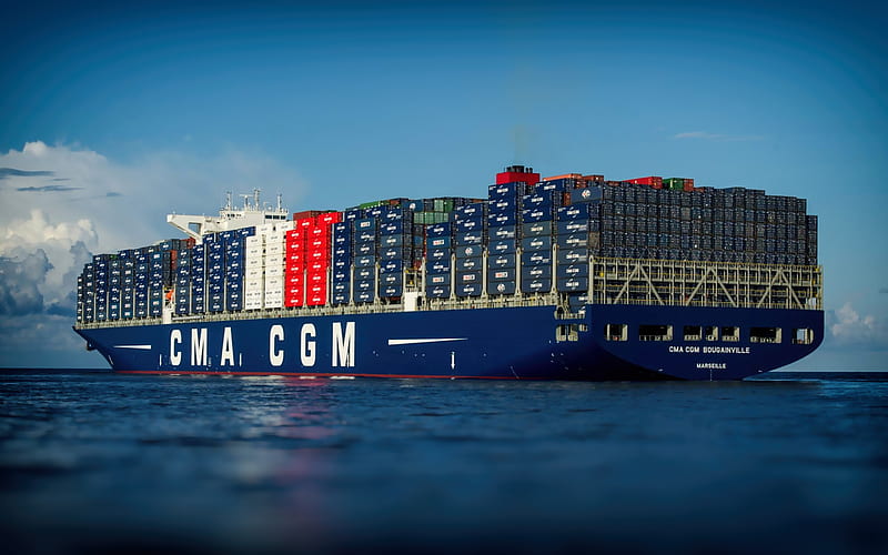 CMA CGM Bougainville, Container Ship, French flag, seaport, large cargo ship, container transportation by sea, delivery concept, CMA CGM, HD wallpaper