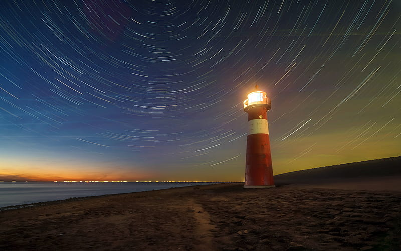 Shine Lighthouse Star Trails 2022 Coast Night, HD wallpaper
