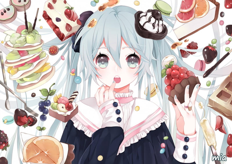 Want 2 Eat?, cake, pretty, orange, chocolate, adorable, sweet, fruit, nice, yummy, anime, beauty, anime girl, vocaloids, long hair, lovely, food, twintail, miku, cute, hatsune, eating, cherry, dress, hatsune miku, hungry, bonito, eat, twin tail, berry, vocaloid, female, delicious, blouse, twintails, twin tails, kawaii, girl, blue hair, miku hatsune, cream, HD wallpaper
