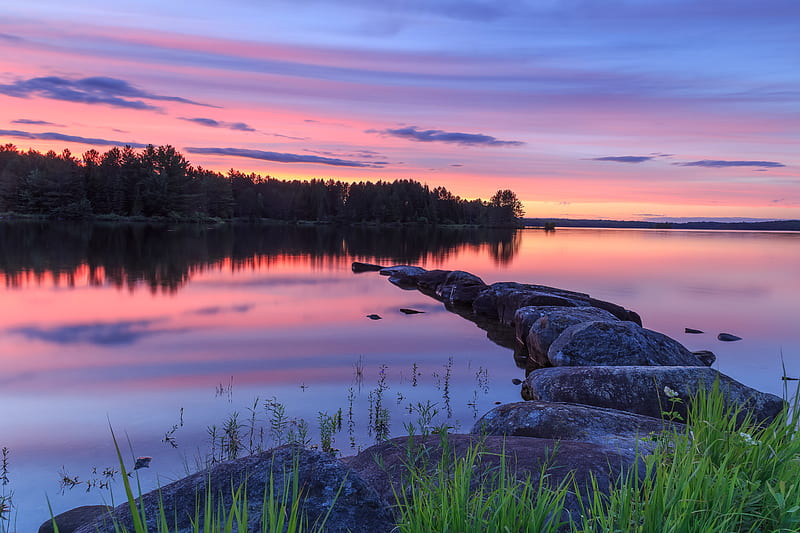 lake, stones, sunset, trees, reflection, HD wallpaper