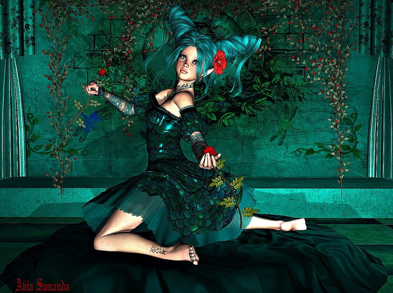 **Pretty Green Cherry Blossom**, pretty, colorful, dress, bonito, digital art, cherry blossom, sweet, textures, hair, leaves, butterfly, green, bright, effects, impact, flowers, face, sharp, female, lovely, tattoo, lips, cute, 3Dimensional art, characters, eyes, HD wallpaper