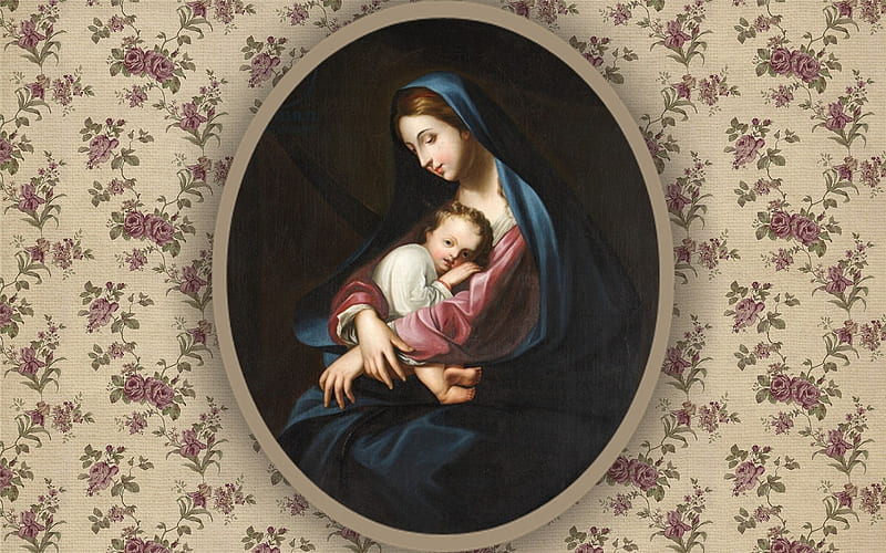 In Mother's Hands, Virgin, painting, Mother, Child, Jesus, Mary, HD wallpaper