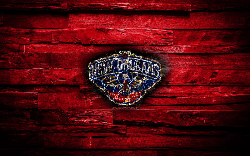 New Orleans Pelicans scorched logo, NBA, red wooden background, american basketball team, Western Conference, grunge, basketball, New Orleans Pelicans logo, fire texture, USA, HD wallpaper