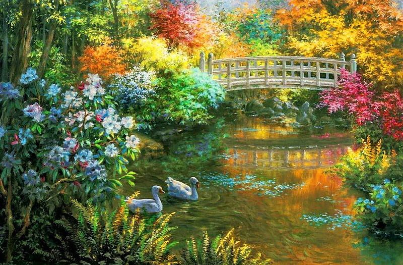 A wooden footbridge, pretty, colorful, shore, grass, footbridge, bonito, bushes, nice, bridge, painting, flowers, river, reflection, quiet, calmness, lovely, swans, lake, pond, serenity, paradise, wooden, HD wallpaper