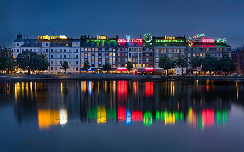 Copenhagen Denmark Reflection River, Reflection, Denmark, Colorful, River, Copenhagen, Night, HD wallpaper